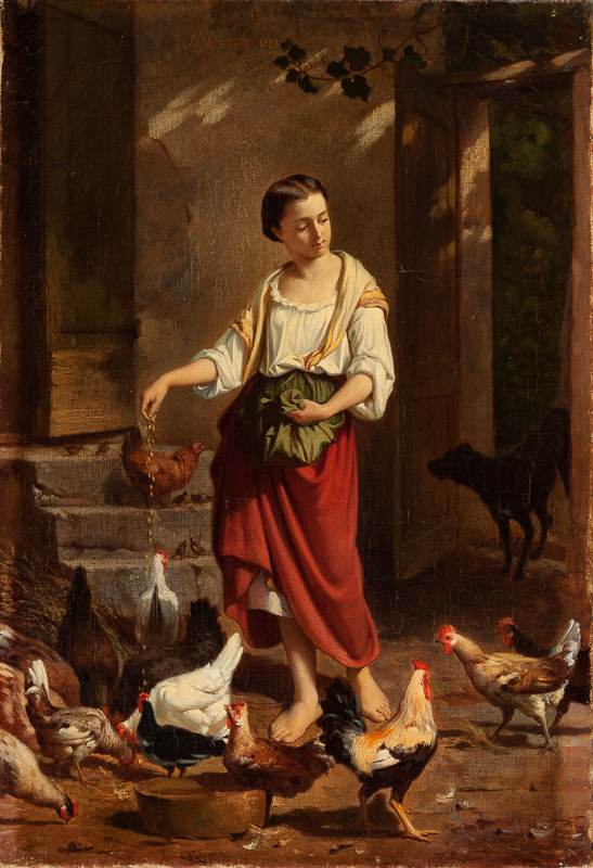 Jeune femme donnant à manger aux poules